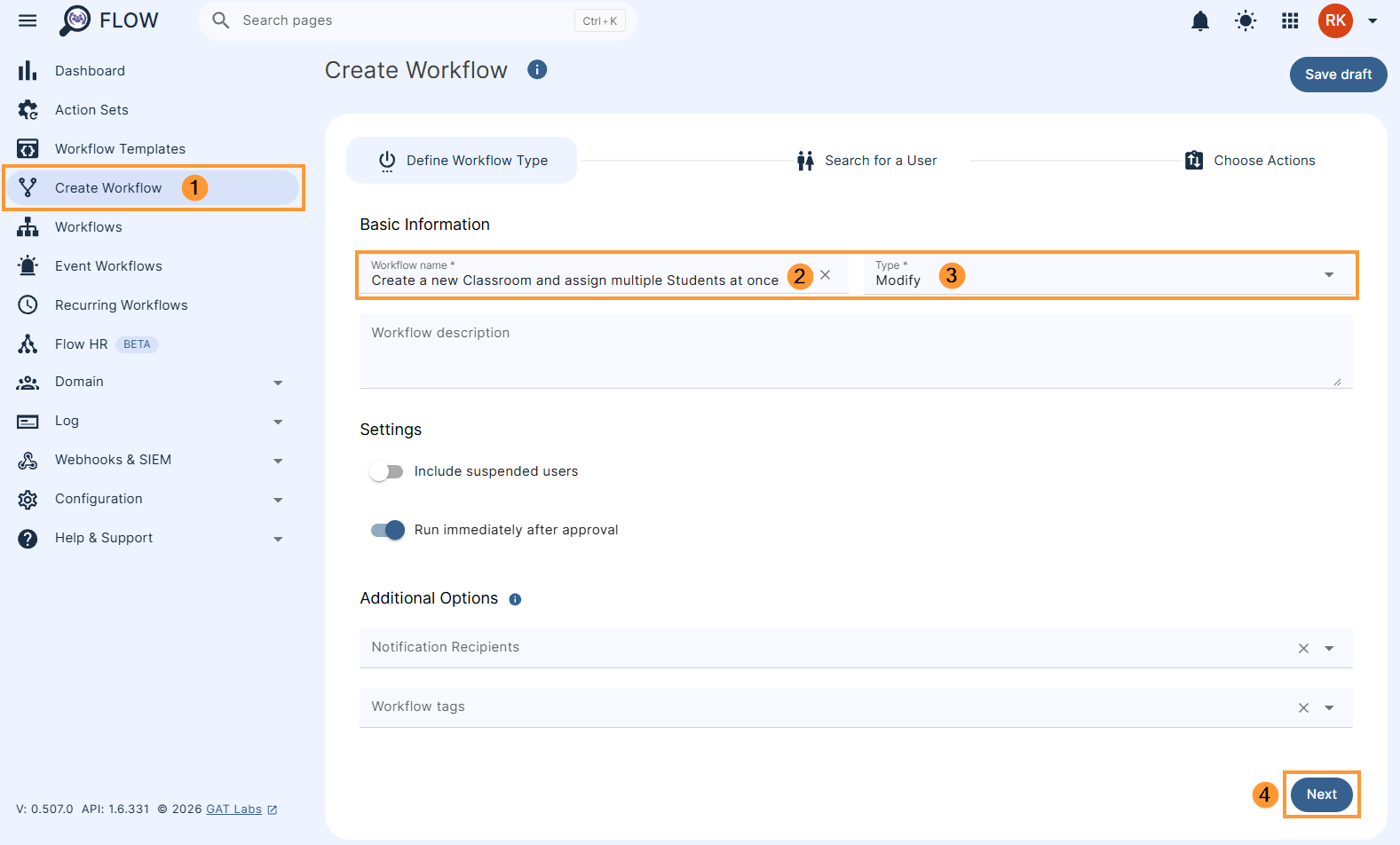 Creating a workflow to create a classroom and assign multiple students at once