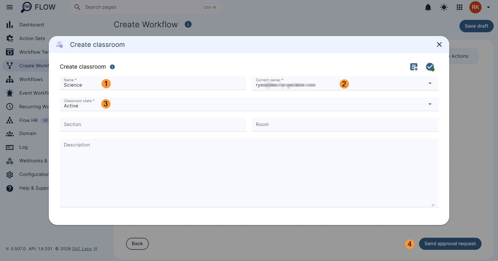 Configuring the settings for 'Create classroom'