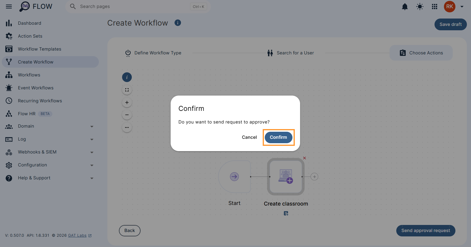 Workflow send request to approve confirmation popup