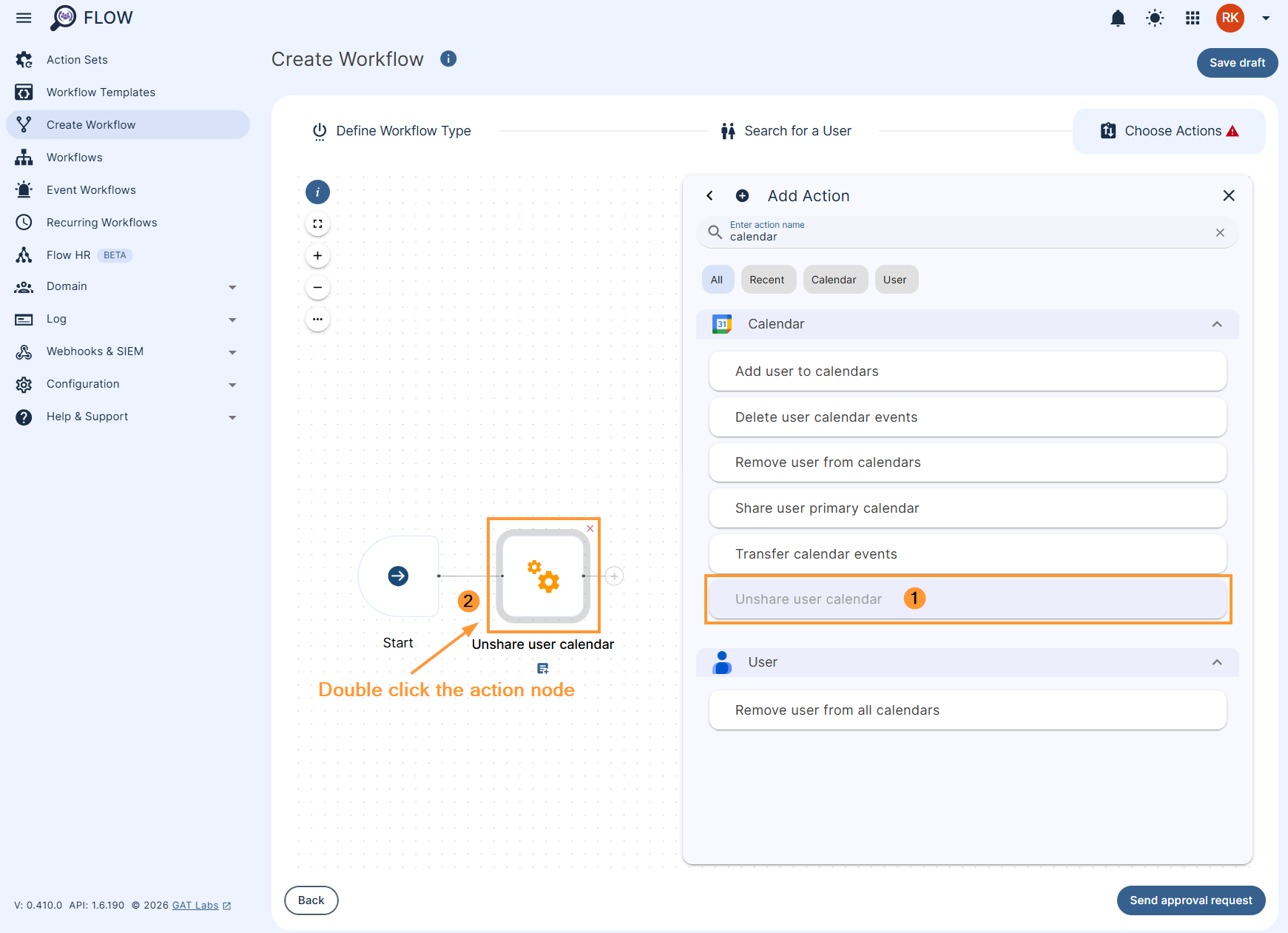 Adding 'Unshare user calendar' action to the workflow