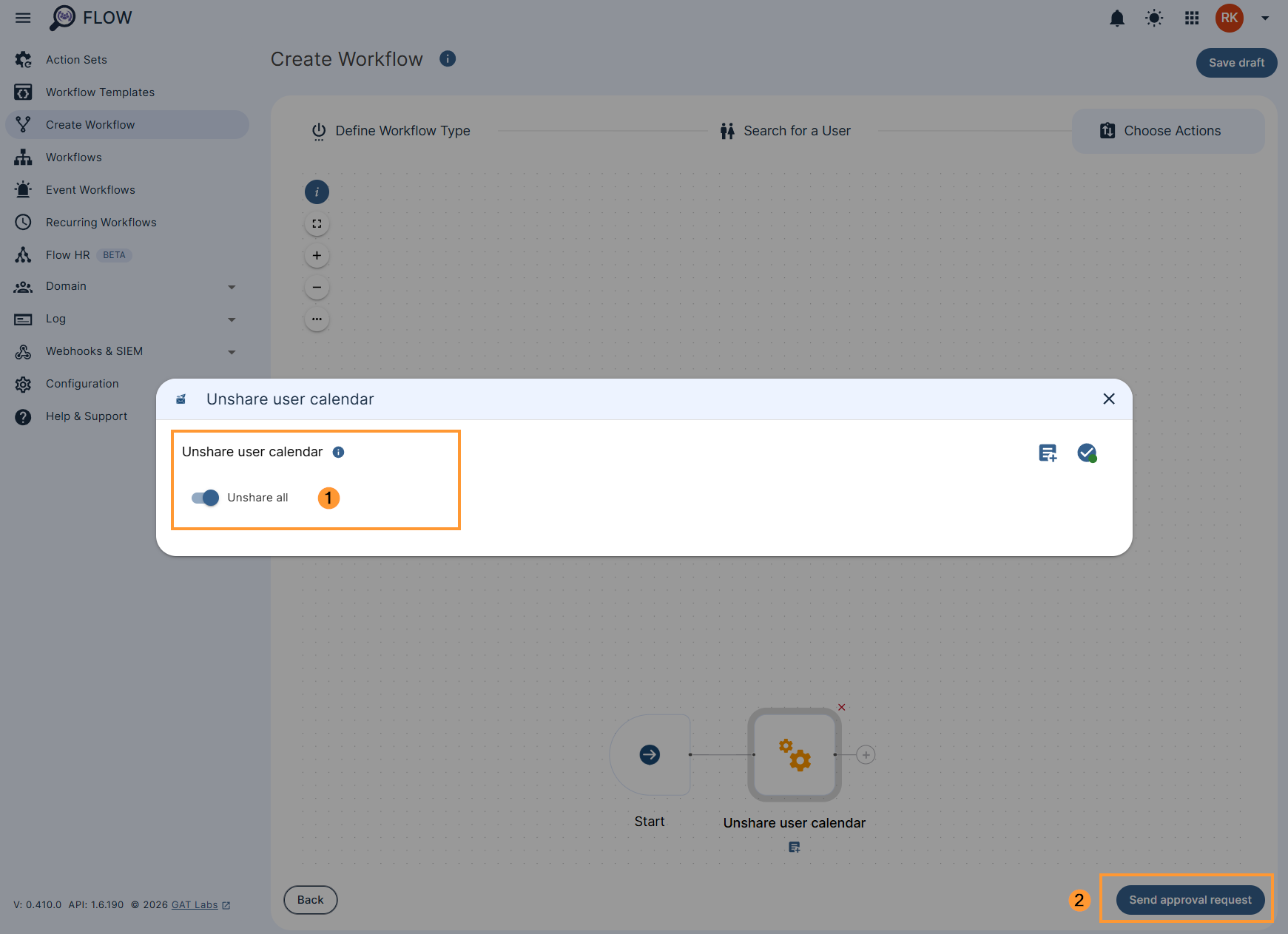 'Unshare All' option in the 'Unshare user calendar' action