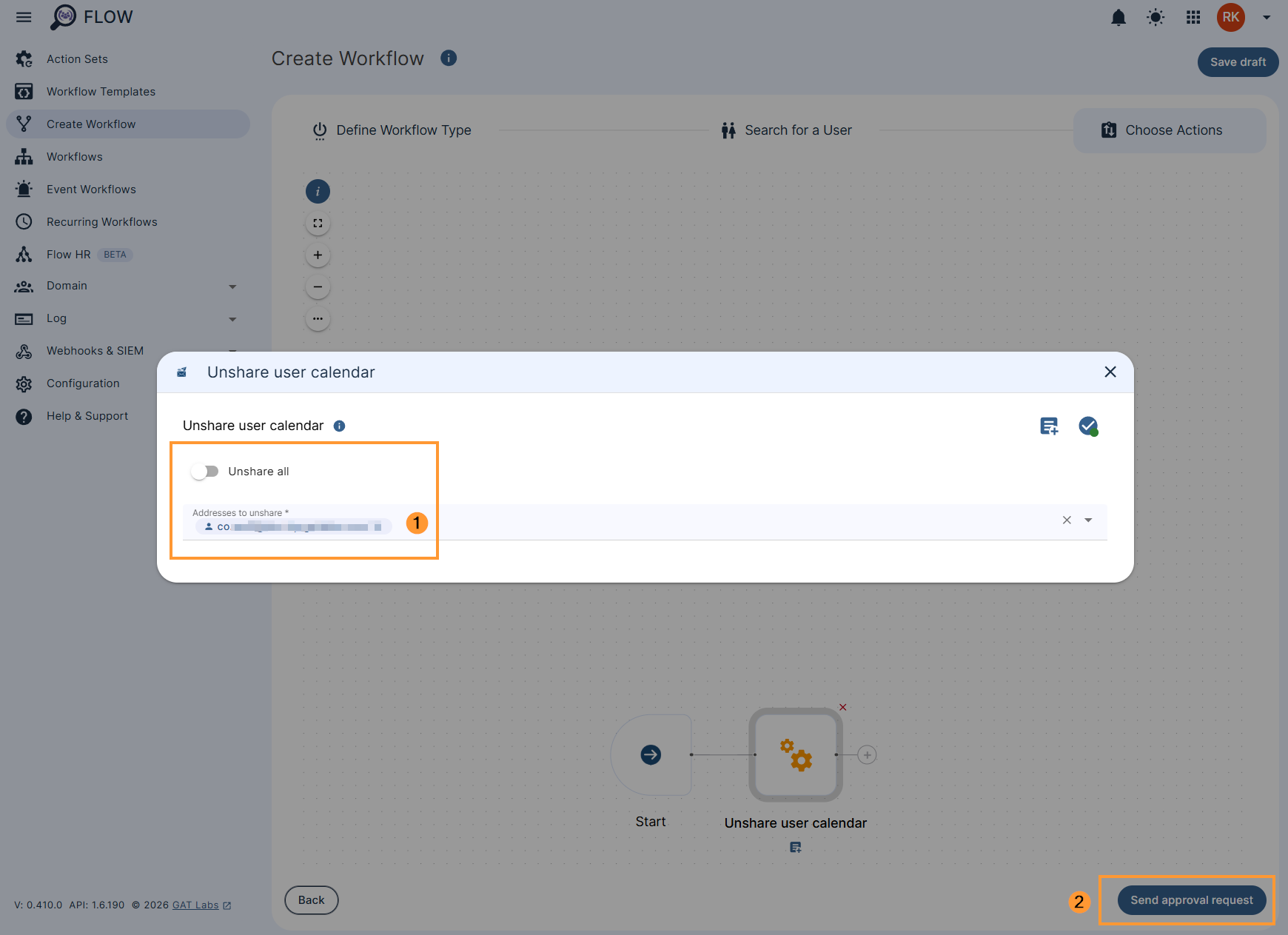'Addresses to unshare' configuration in the 'Unshare user calendar' action