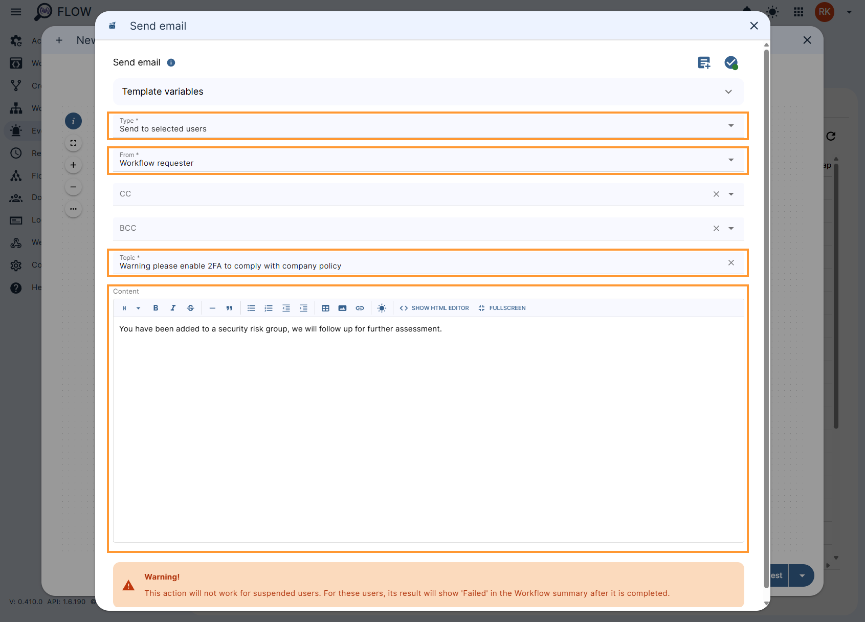 'send email' configuration in a gat flow event workflow