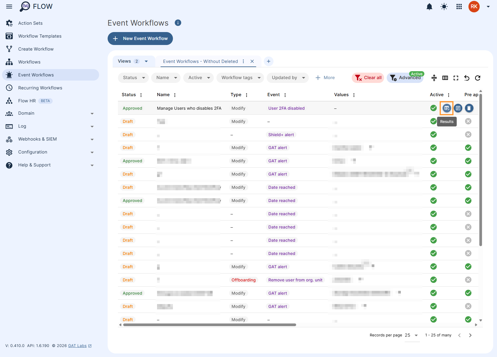 Event workflow results
