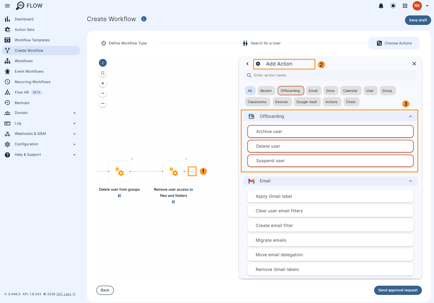 Adding an offboarding action in an offboarding workflow in GAT Flow