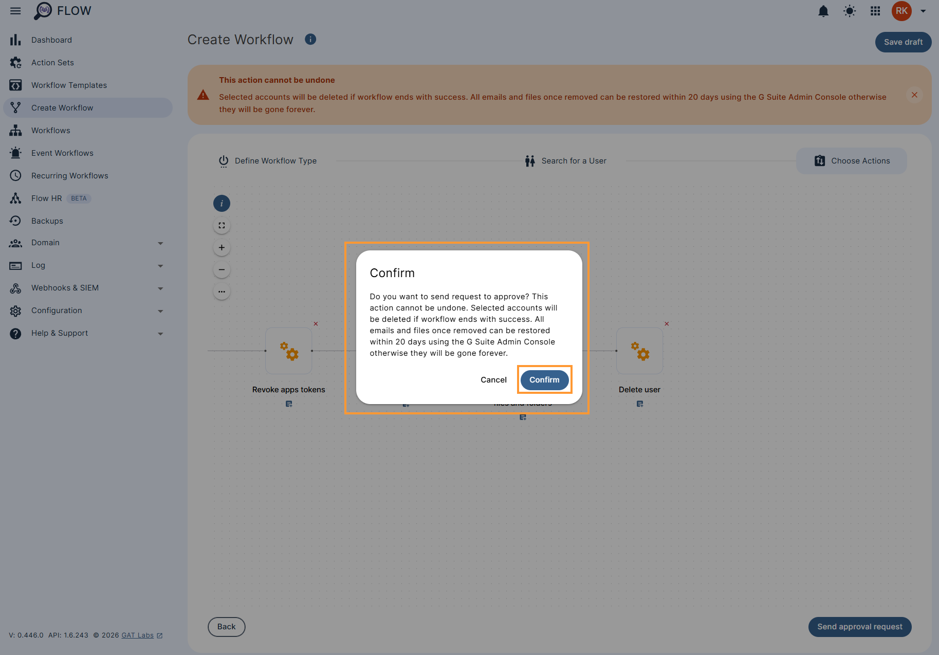 Offboarding with delete user confirmation message.