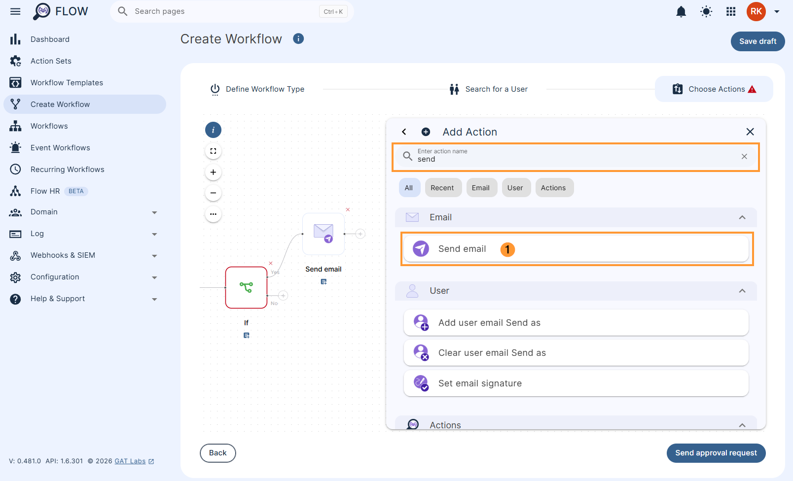 Adding the action 'Send email' to a conditional workflow