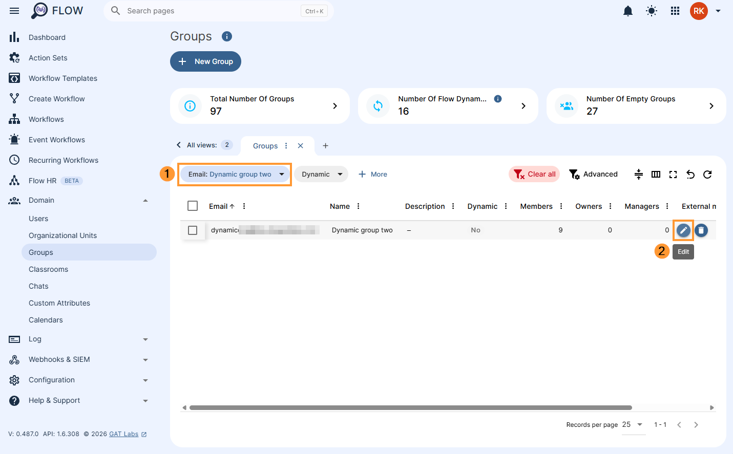 Filtering by email in the Groups section of Flow