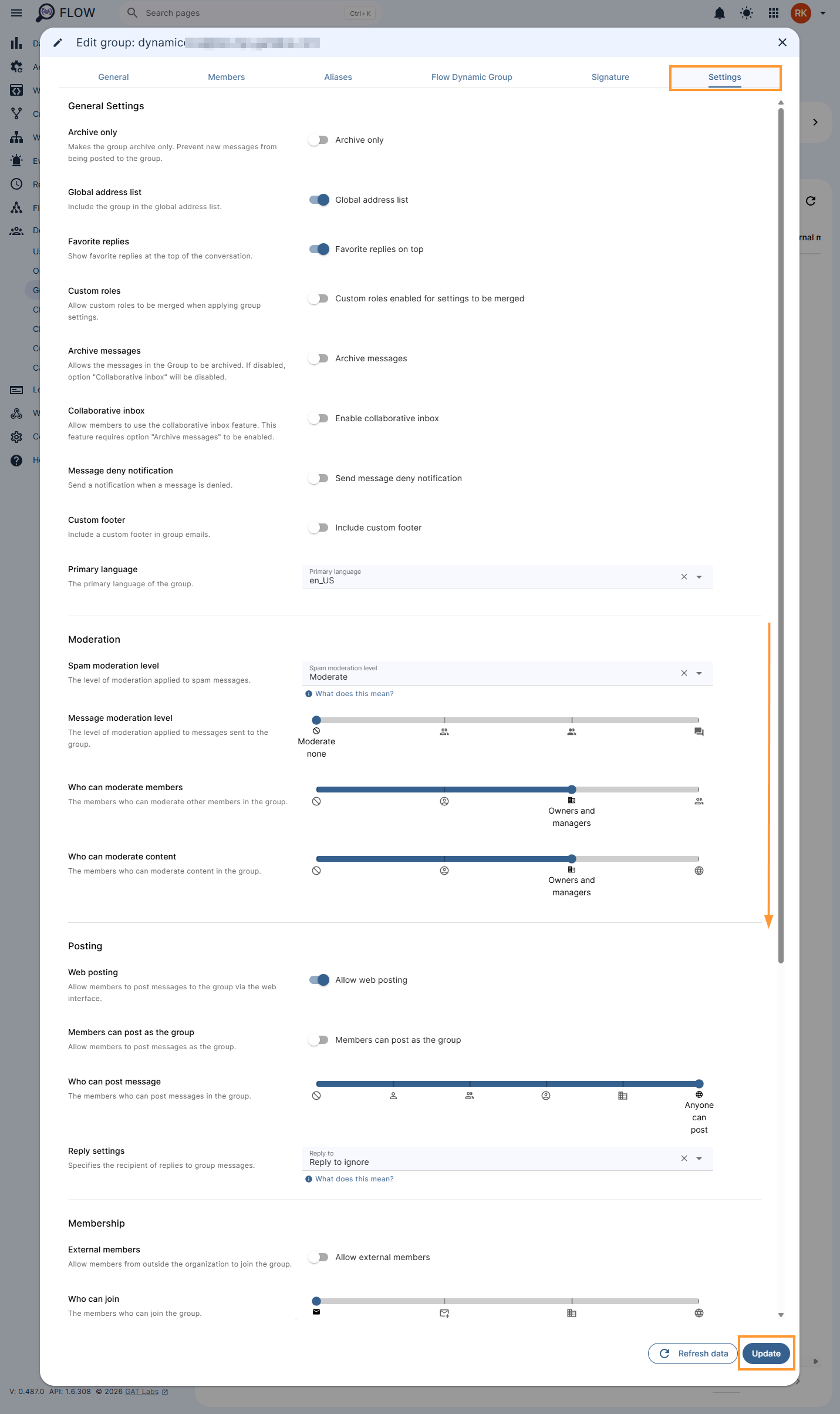 Group settings in GAT Flow