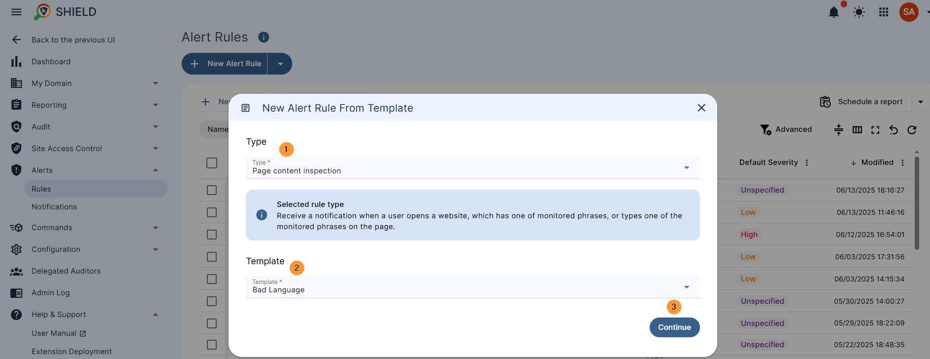 Type: A dropdown menu is present, with "Page content inspection" currently selected. Below it, a description states: "Receive a notification when a user opens a website, which has one of monitored phrases, or types one of the monitored phrases on the page." Template: Another dropdown menu is shown, with "Bad Language" selected as the current template. Continue Button: A blue button labeled "Continue" is visible, suggesting the next step in creating the alert rule.