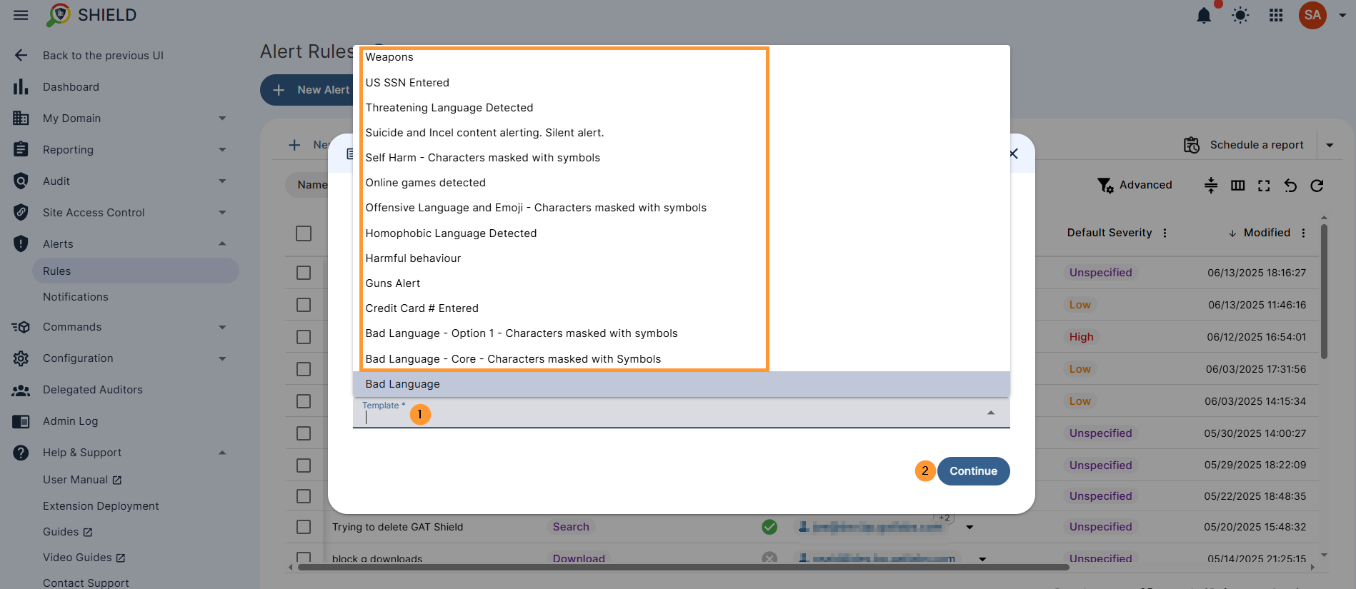List of template examples for page content inspection alert rule that can be set up in GAT Shield 