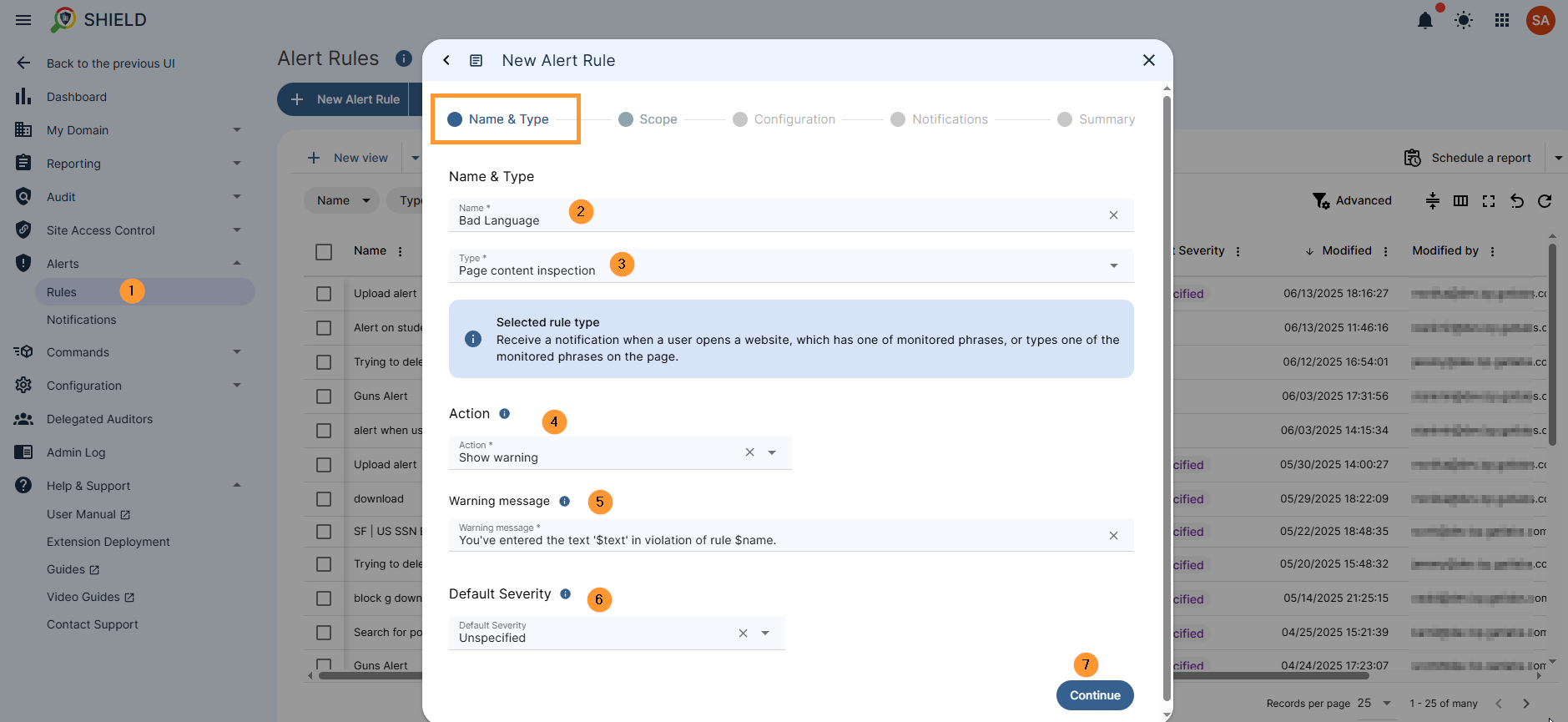 Name & Type - fill in the details for the alert rule, name field enter a name, type select the type of alert - page content inspection, action, select waht action to be taken for the end-user show a warning message it is a drop down where other options can be selected, warning message enter a message for the end-user, default severity select the severity for the alert rule