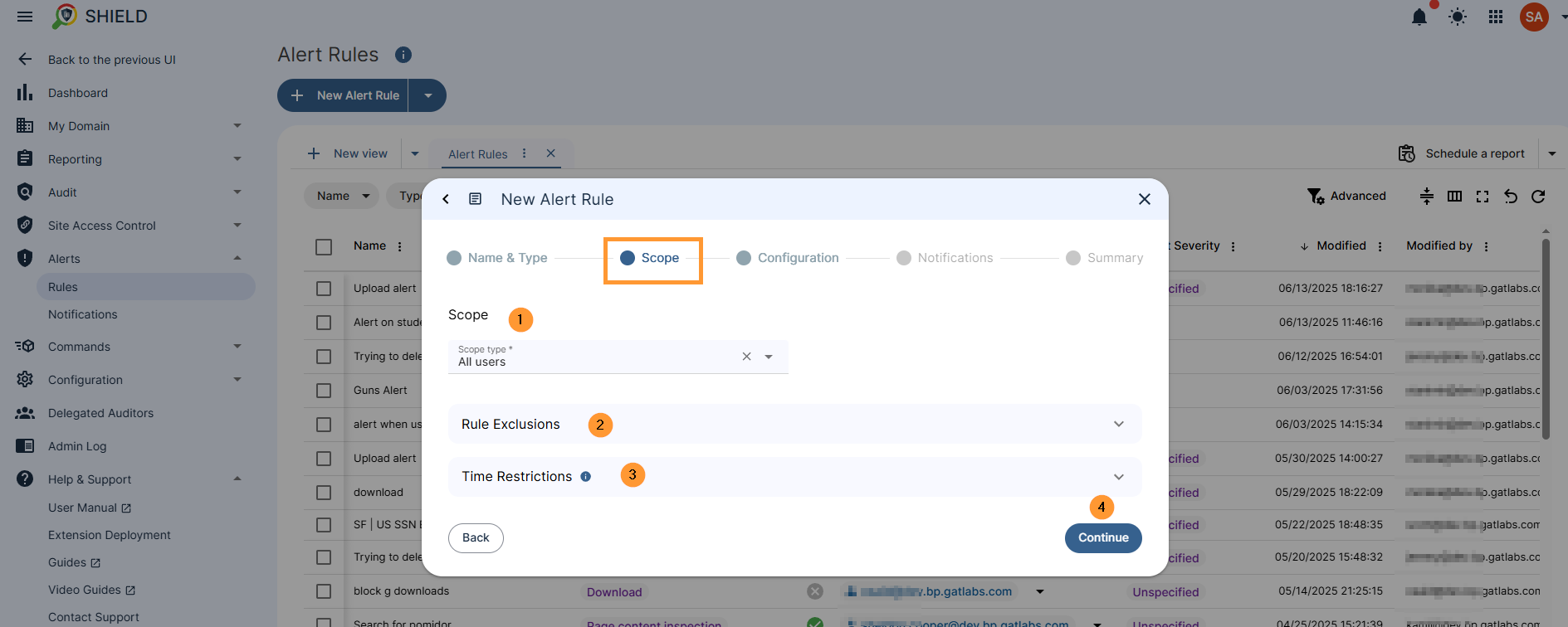 in the scope field enter the users whom the rule is applied for, seelct scope of user, group or org. unit of users, rule exclusion drop down menu, where you can exclude users or websites from the alert rule, time restriciton, Select when the rule should be active. By default, when no time restriction is added, rule will always be active. To change it, select days and time ranges when rule will be active.