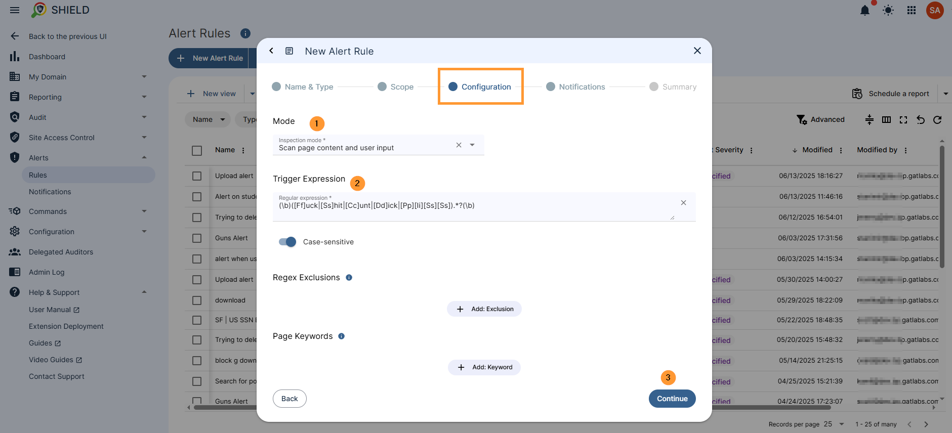 An interface for configuring an alert rule, offering two inspection modes: "Scan page content and user input" to trigger alerts by scanning both page content and user input, or "Only user input" to trigger alerts solely by reading user input. The "Trigger expression" field is pre-filled when using a template. Options for "Regex exclusion" prevent alerts if specified words are found, and "Page keywords" reduce alert sensitivity by requiring a combined keyword weight to meet a threshold. A "Continue" button proceeds to notification settings.