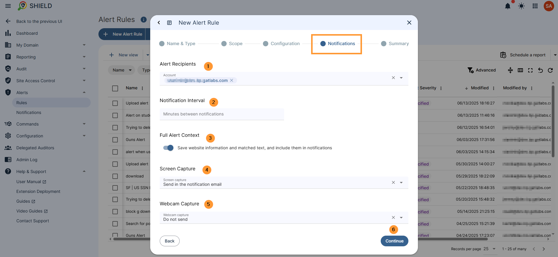 An interface for configuring alert notifications, including fields for "Alert recipients" (email addresses), "Notification interval" (minutes between notifications), and "Full alert context" (to include website info and matched text). Options for "Screen capture" include: "Send in the notification email", "Do not send", "Send in the notification email and save to the rule creator's Drive", and "Send in the notification email, save to the rule creator's Drive and share with other alert recipients". "Webcam capture" offers similar choices: "Do not send", "Send in the notification email", "Send in the notification email and save to the rule creator's Drive", and "Send in the notification email, save to the rule creator's Drive and share with other alert recipients". A "Continue" button is present to proceed.