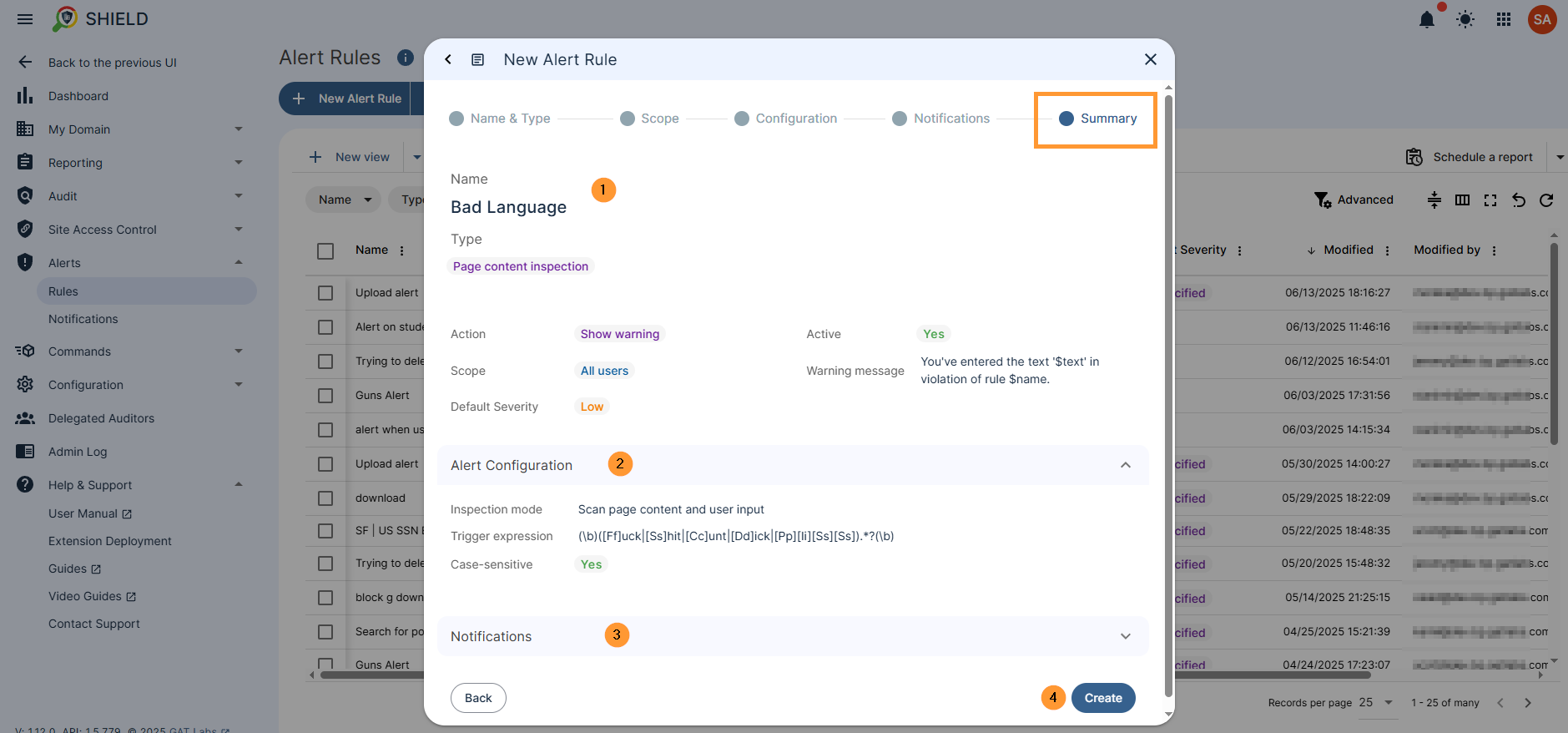 In the Summary review, what was set up for the alert, and click on the Create button