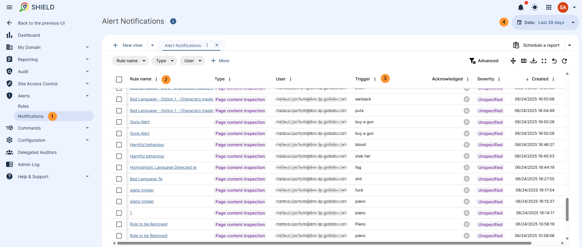 On the left side click on Alerts > Notifications - a list with data will be presented with the rule name type of alert as well as user and trigger for the alert with addtional information.
on top right corner there will be time frame that can be selected for different dates of data