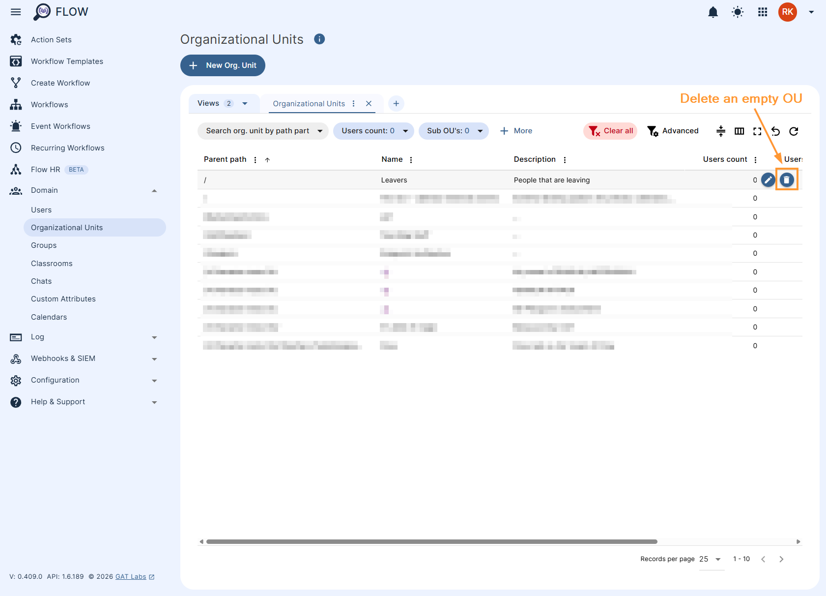Deleting empty organizational units