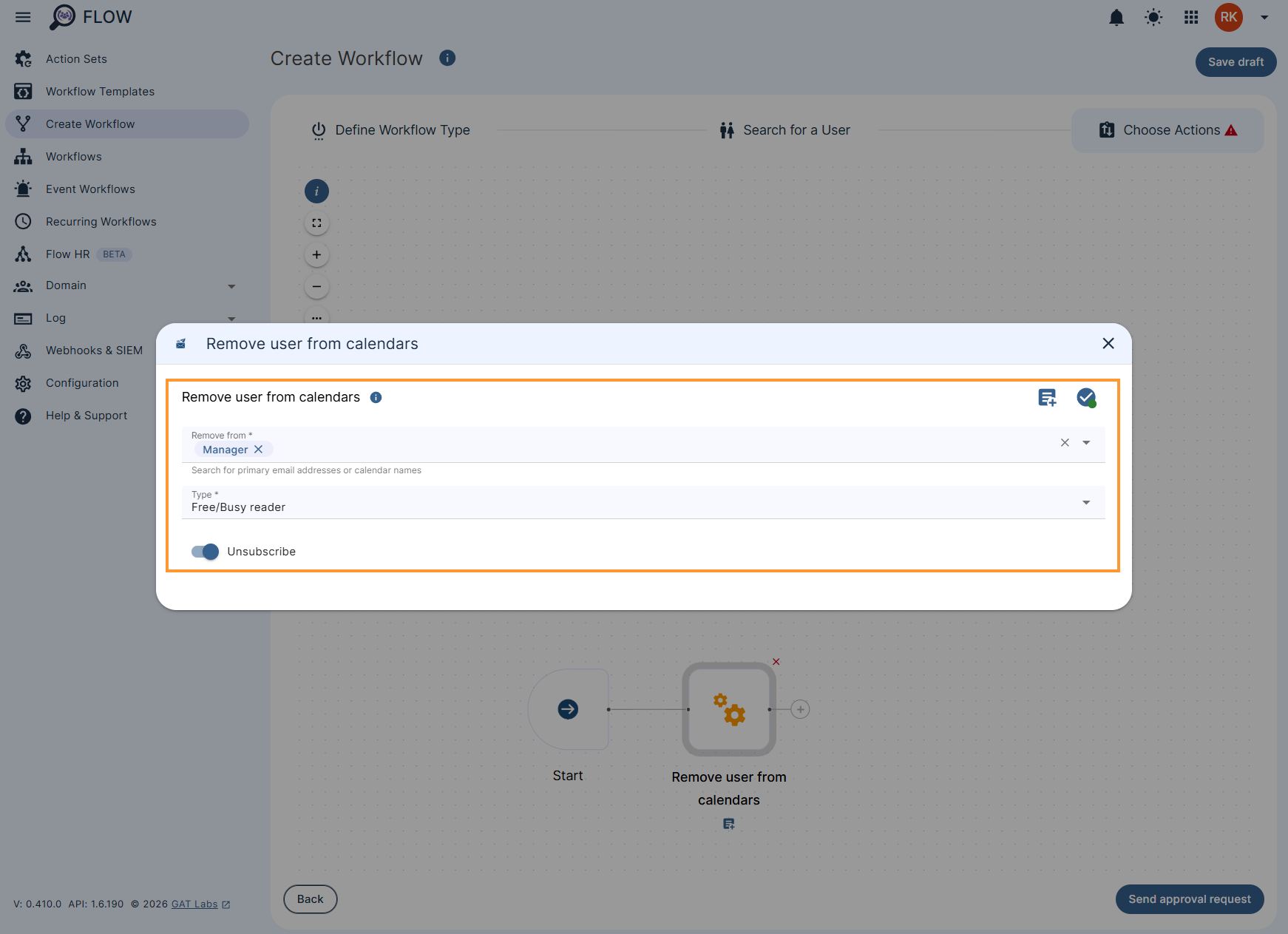 Configuring the 'Remove user from calendars' action in GAT Flow workflow