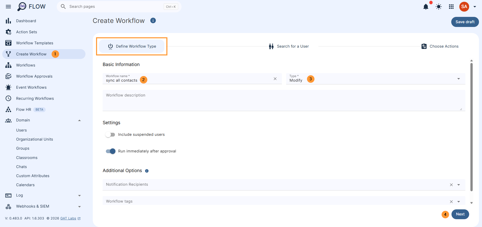 Type the name of the workflow, select the workflow type: Modify, and proceed to the next stage by clicking on Next.
