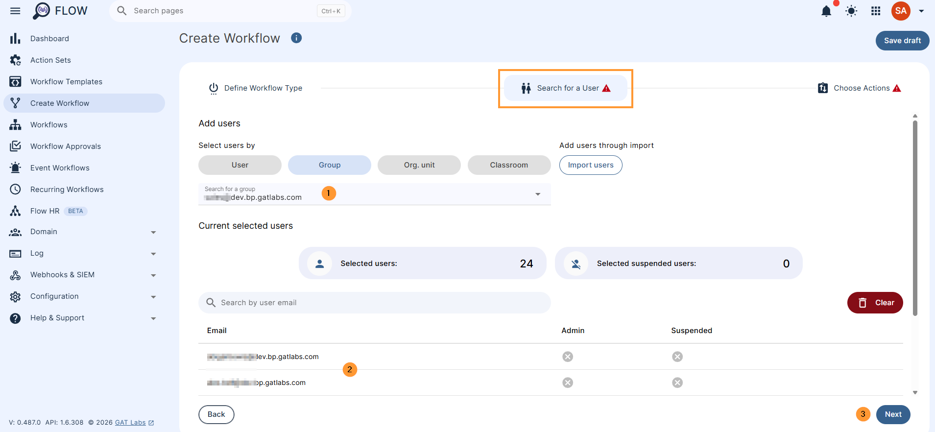 In the next step, search for a user (1). Select a single user or multiple users' accounts where the actions will be applied. Search and add the users via Search for a user, group, org. unit, or classroom or import users (2). Once selected, the list of users will be displayed (3).