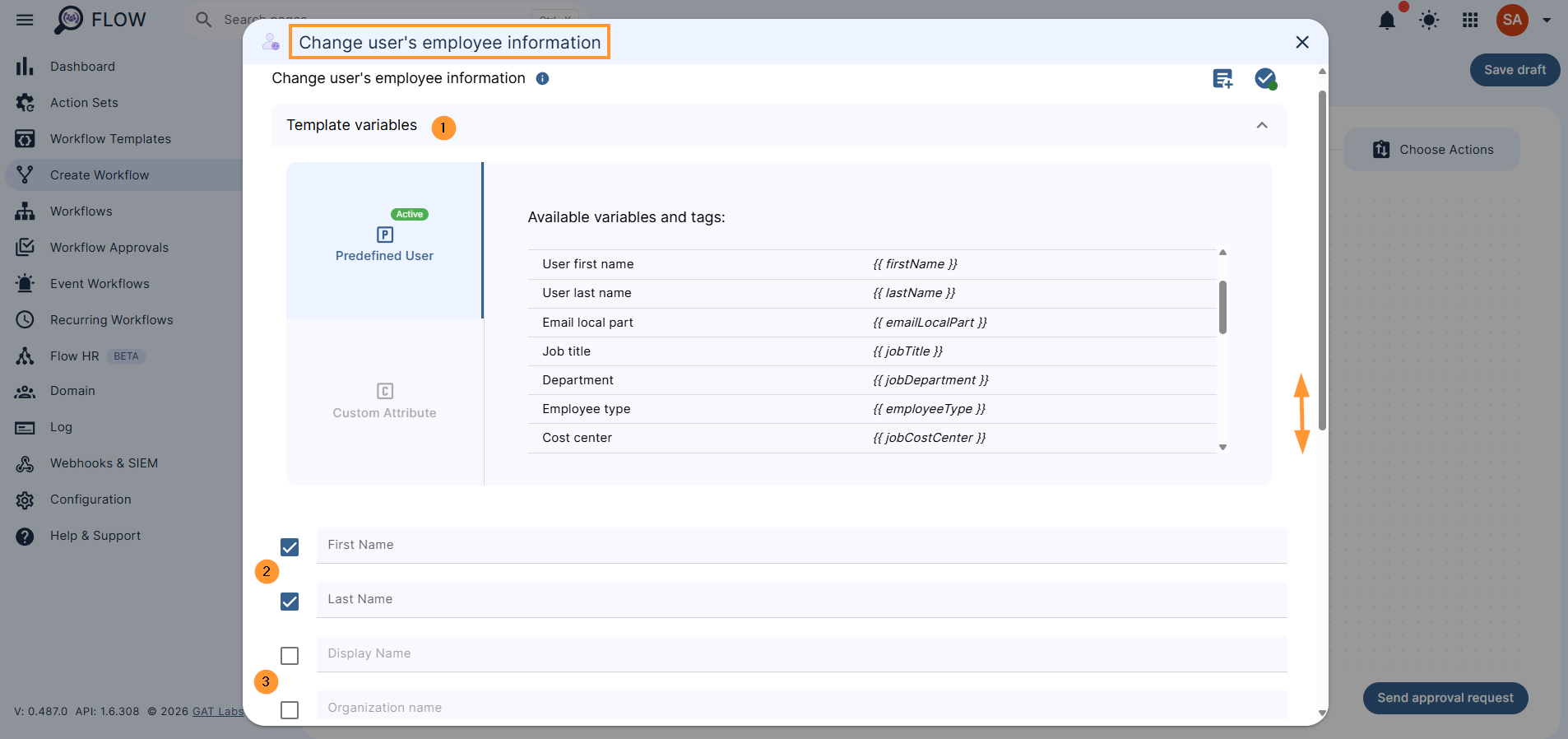 To change one of the values, select the checkbox and enter the value (you can clear it by sending a blank).

This action allows you to change the user's employee info for all users you selected.

Use template variables

Predefined users - available variables and tags
Custom attribute - select custom attributes 