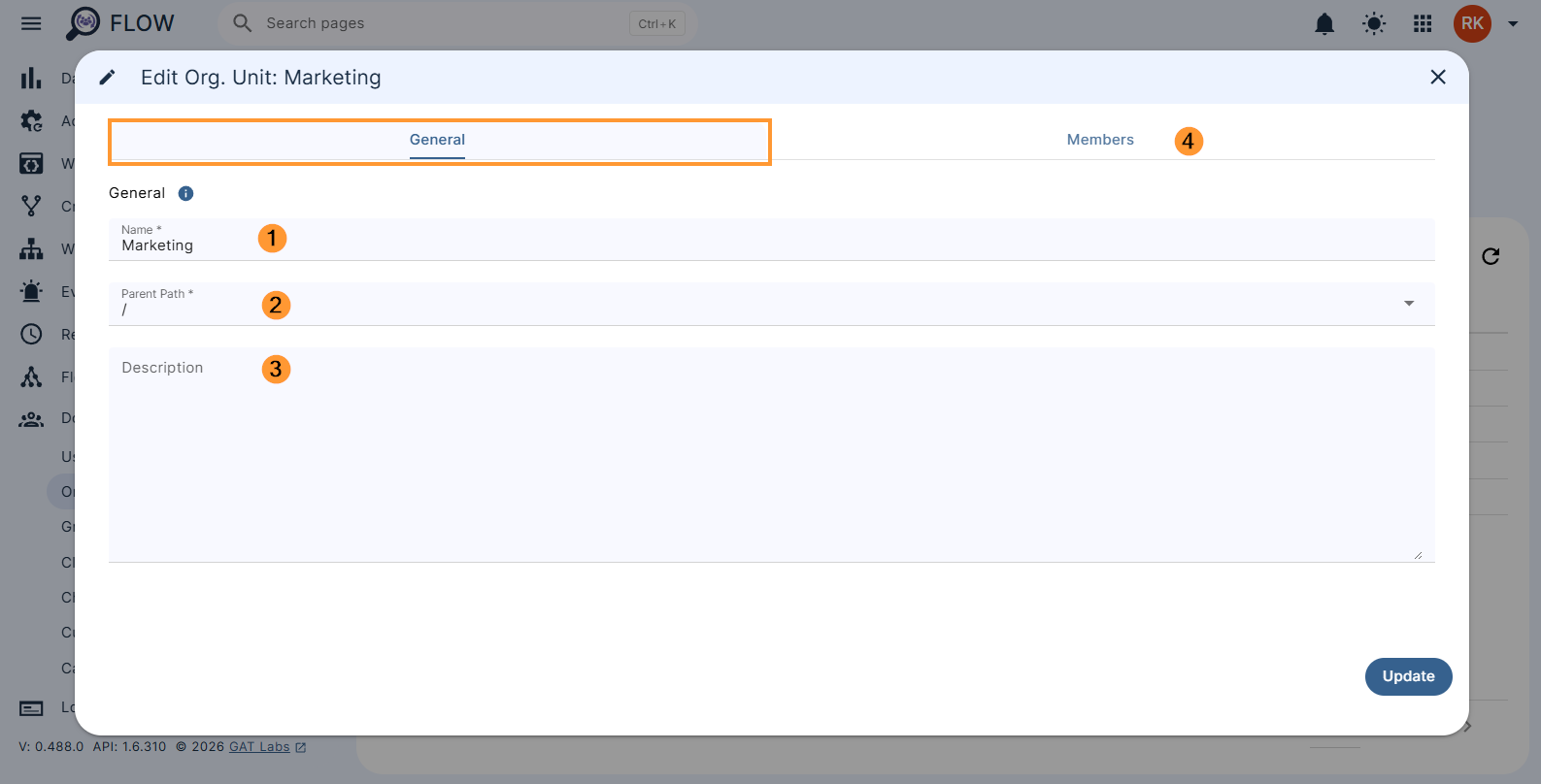 General tab of editing OU in Flow