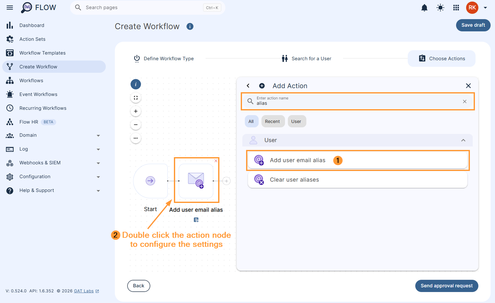 Adding the action 'Add user email alias' to a workflow