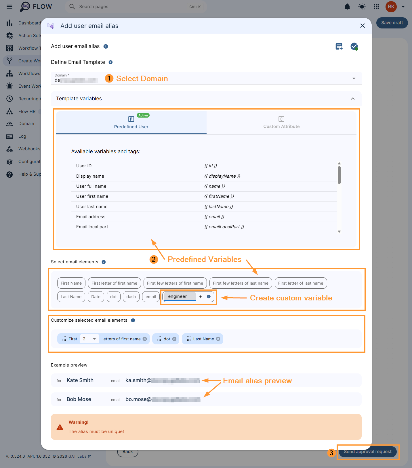 Configuring the 'Add user email alias' action