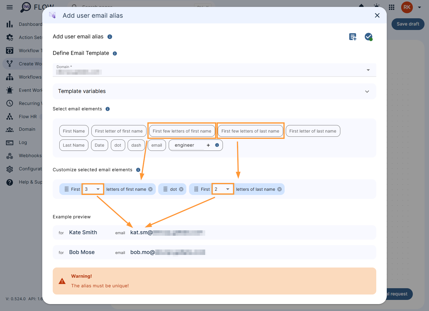 Configuring the 'Add user email alias' action