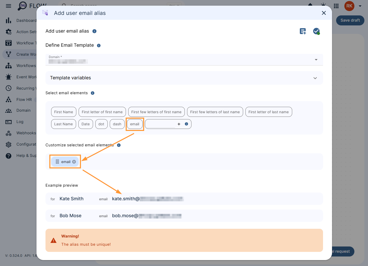 Configuring the 'Add user email alias' action