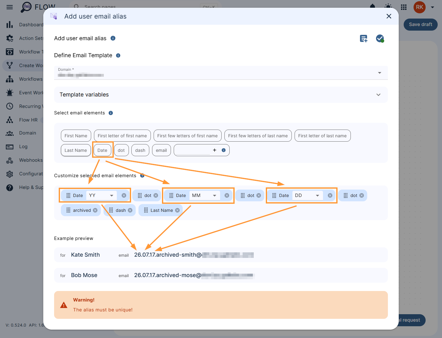 Configuring the 'Add user email alias' action