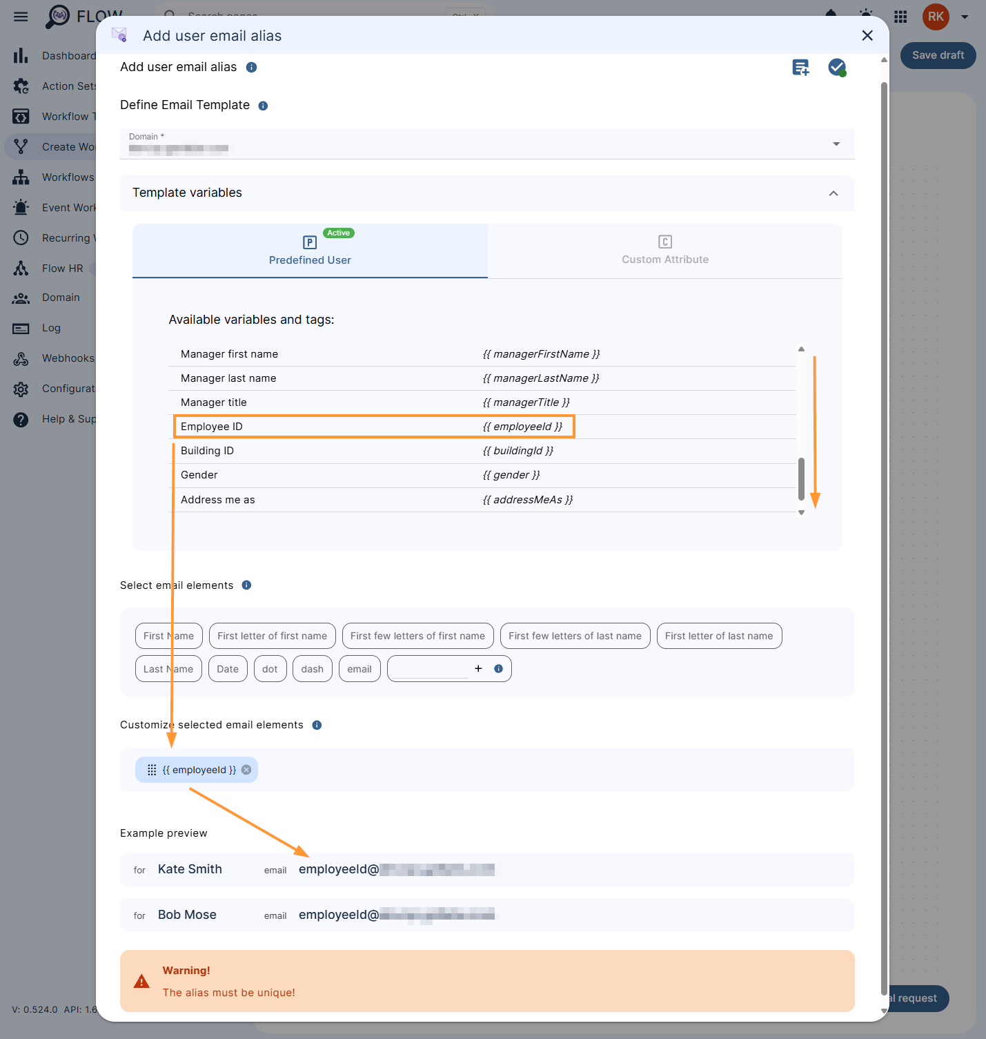 Configuring the 'Add user email alias' action