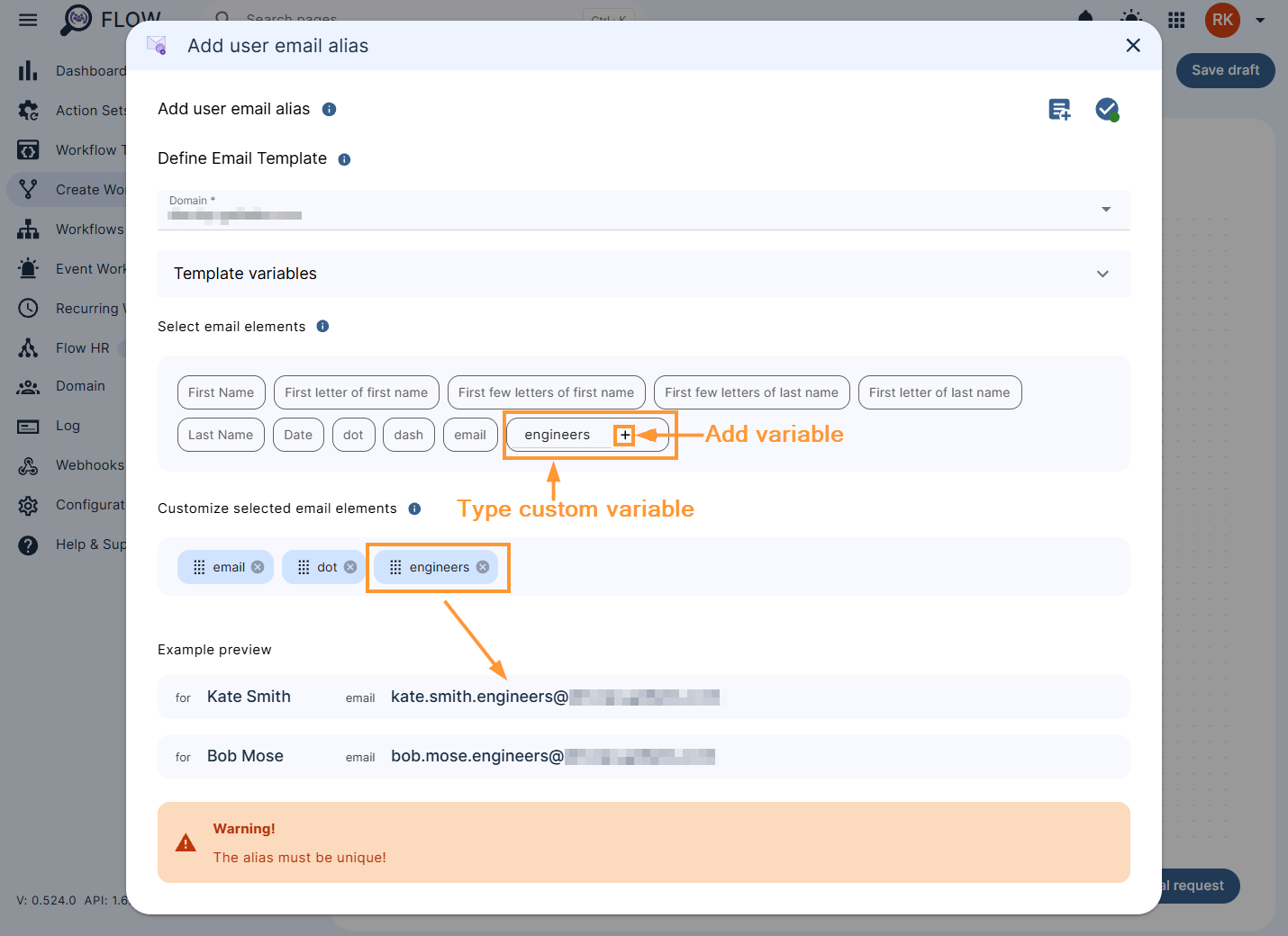 Configuring the 'Add user email alias' action