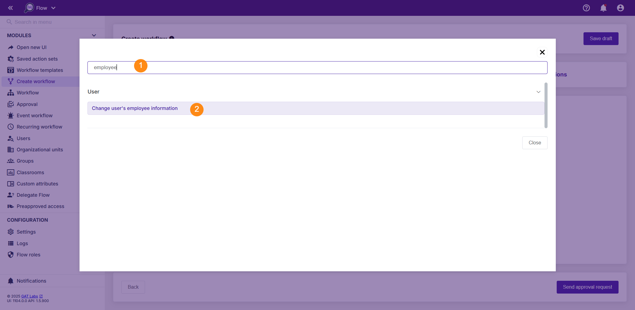 The action search window and "Change user's employee information" action is displayed after searching for it.