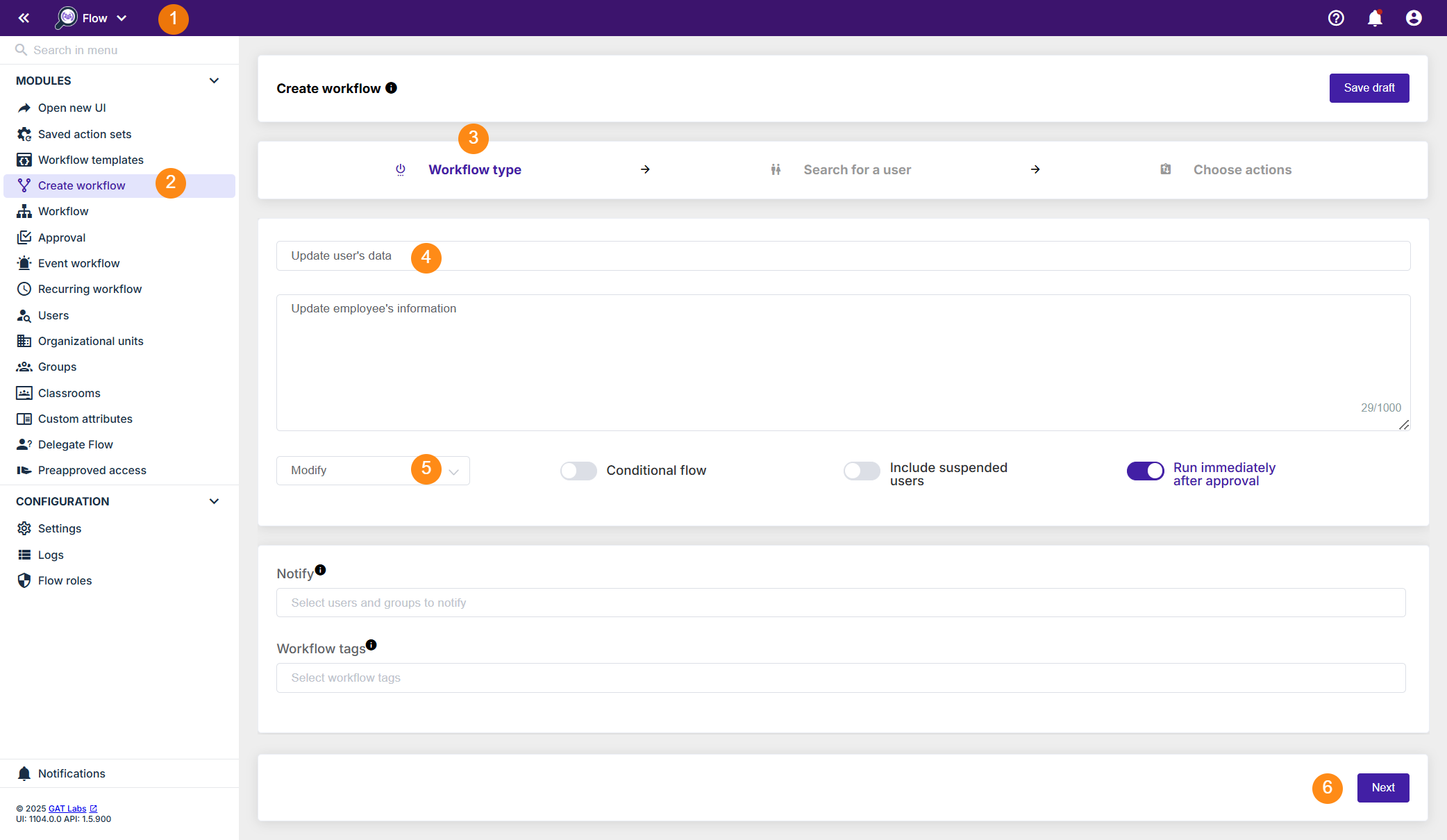 This is a image illustrating the workflow type section that allows creating a workflow. Workflow name is typed and workflow type is selected when configuring the workflow. The "Next" button allows to proceed to the next configuration stage of the workflow. 