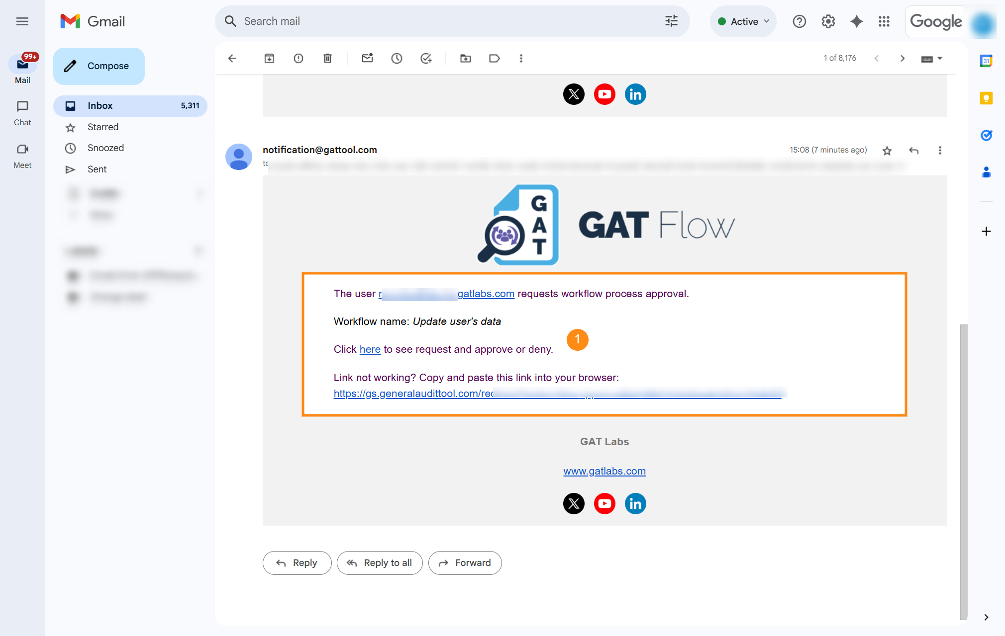 Notification email sent to Security Officer that requires workflow verification. 