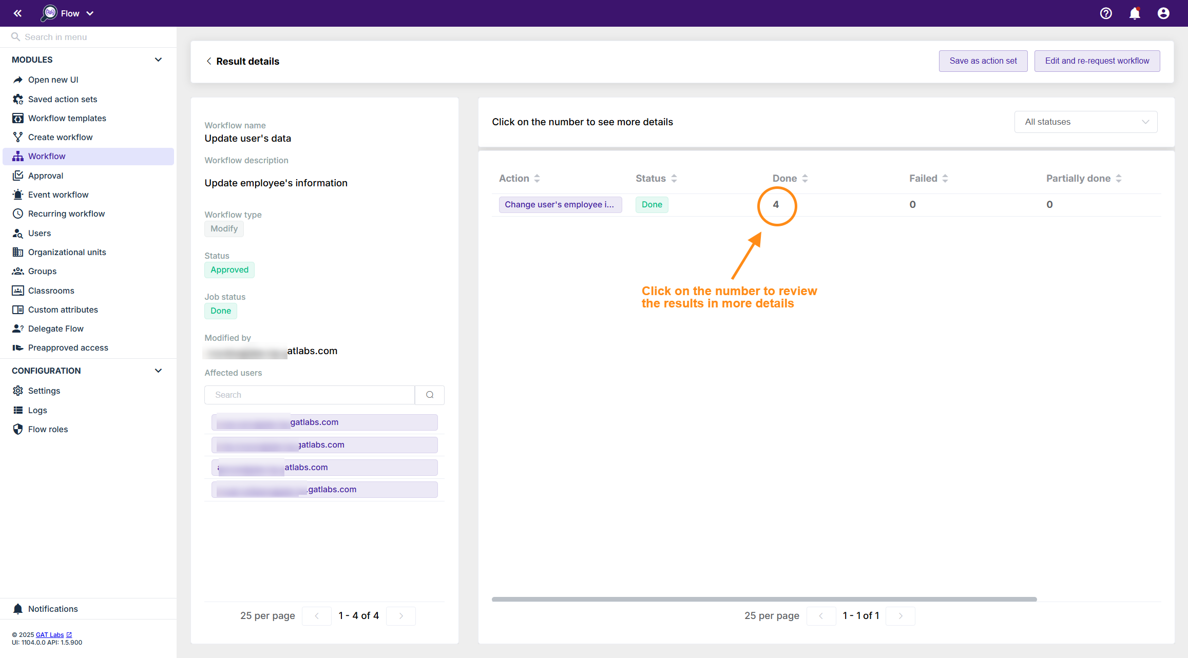 Workflow result details section.