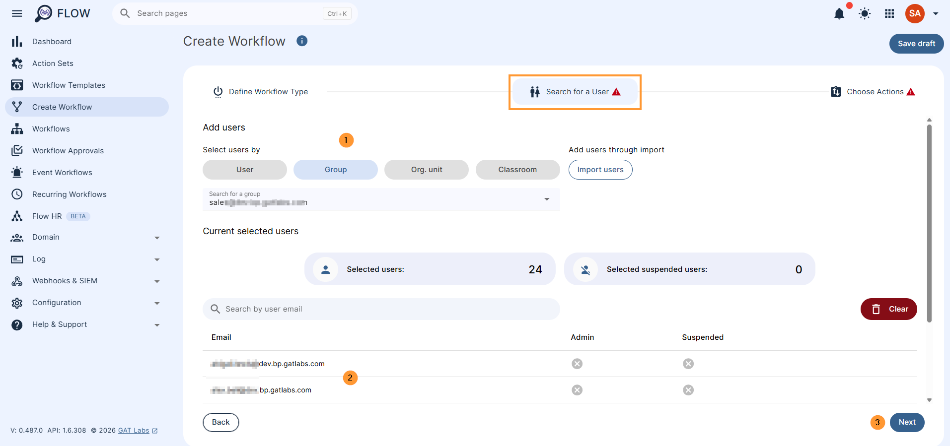 In the next step, search for a user. Select a single user or multiple users’ accounts where the actions will be applied. Search and add the users via Search for a user, group, org. unit, or classroom, or import them.