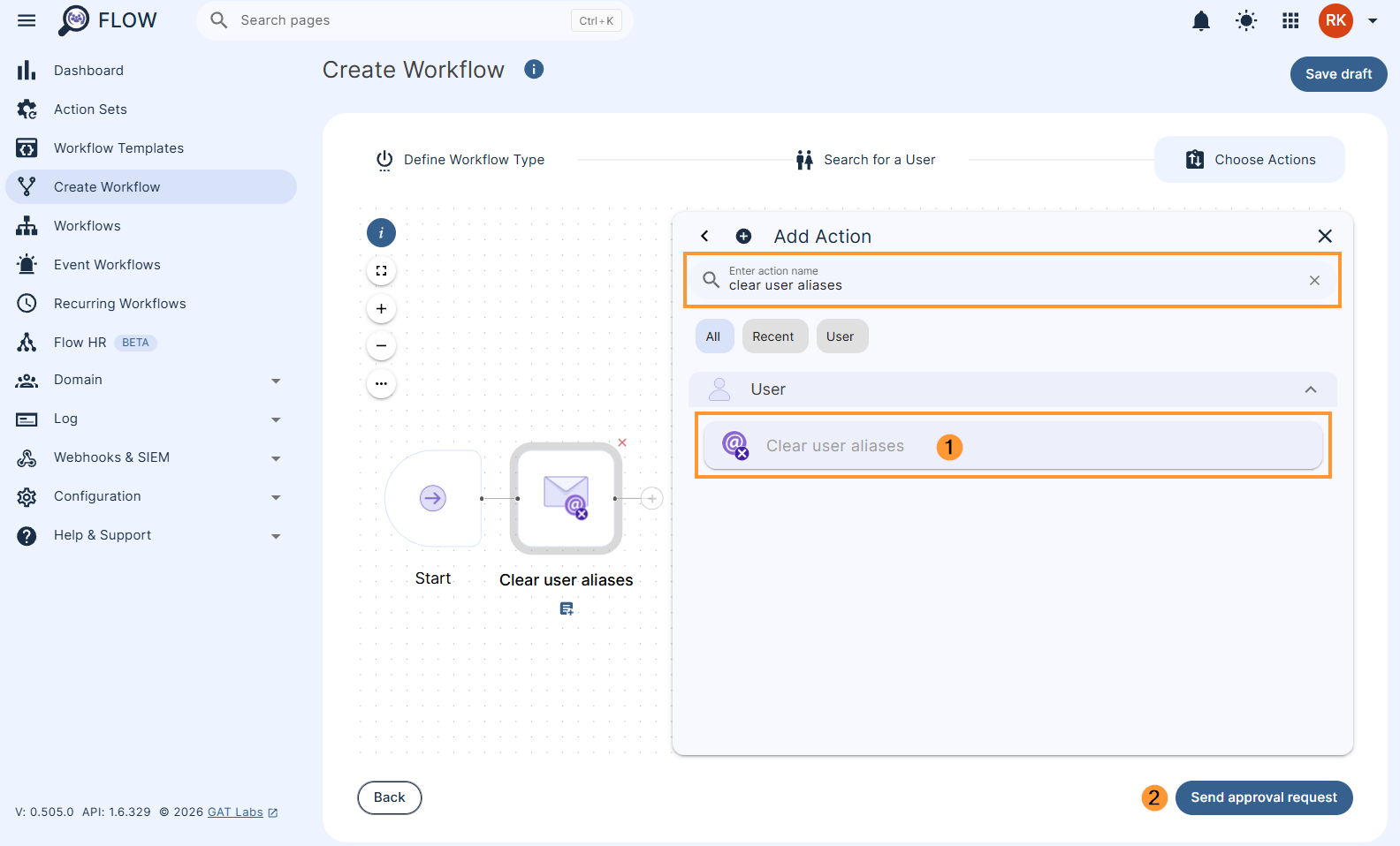 Selecting action "Clear user aliases"