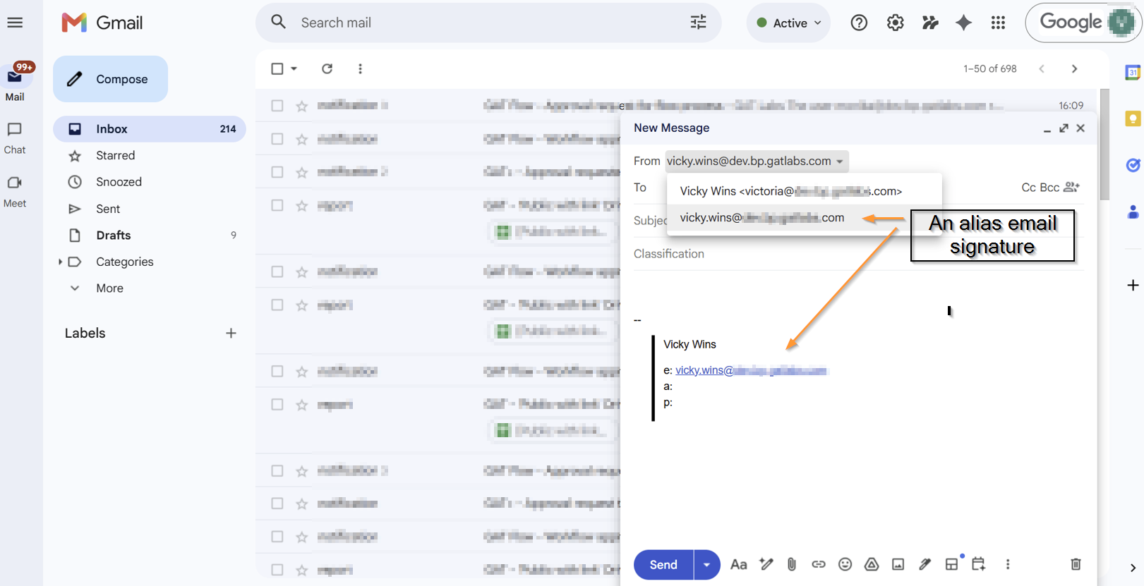 An email alias signature in Gmail. 