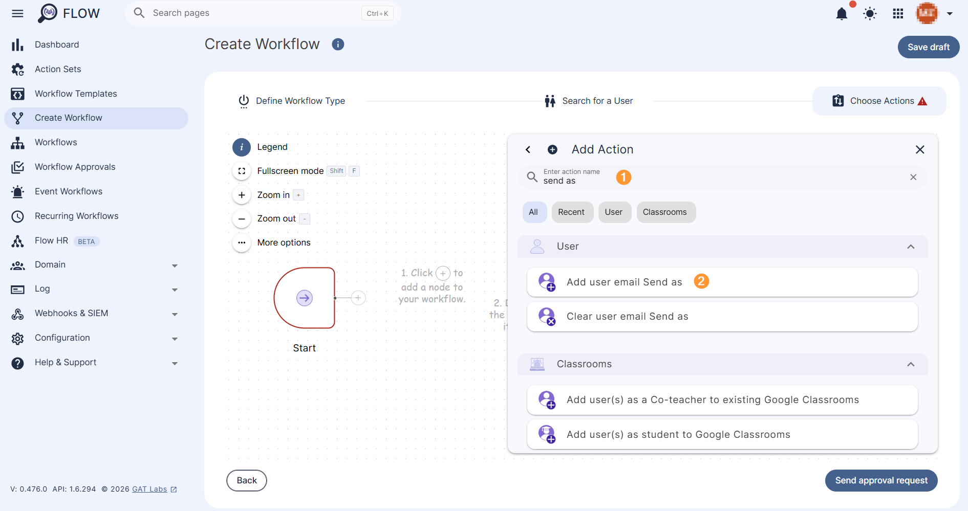 Search and select the "Add user email Send as" action option. 