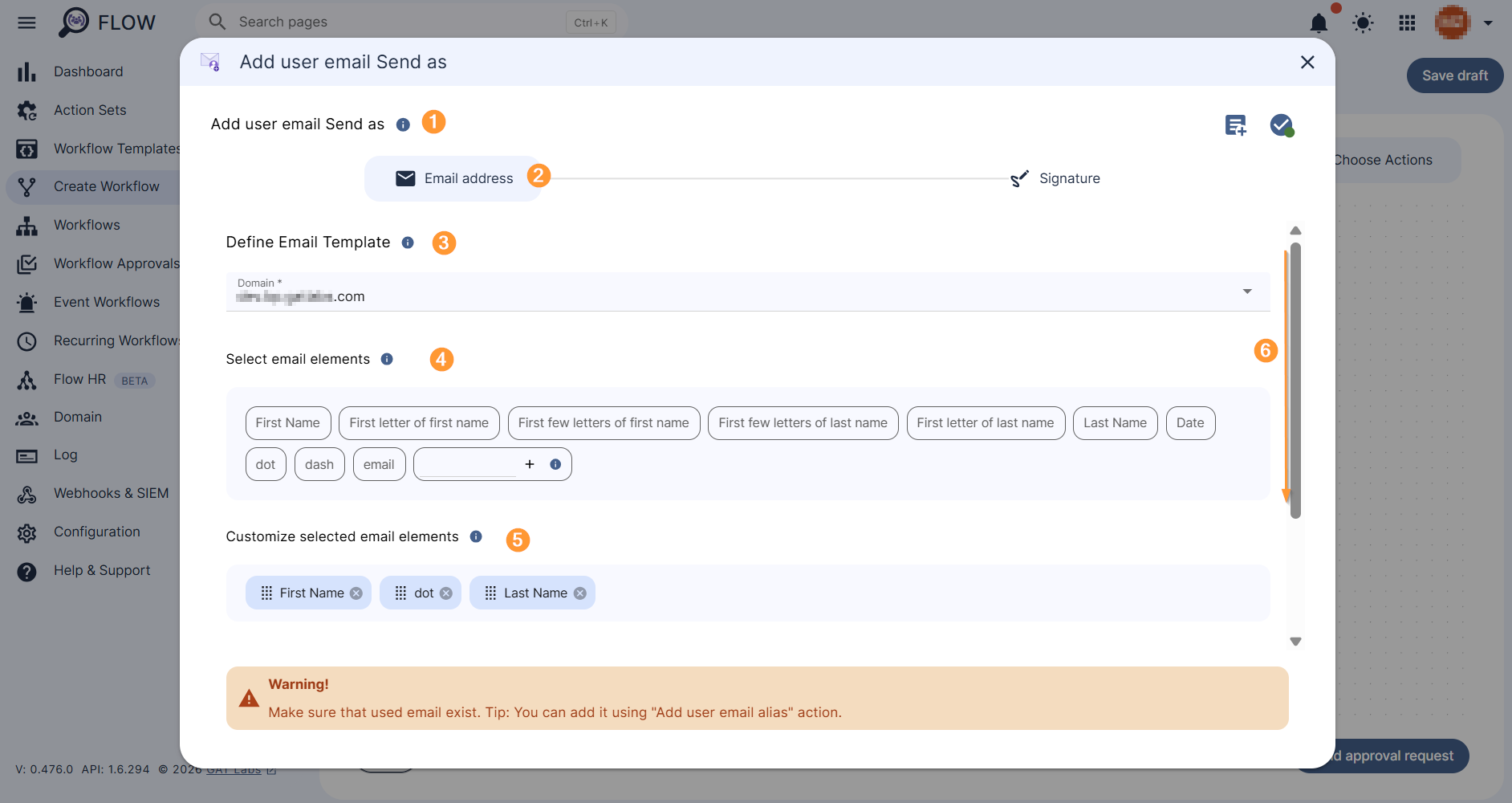 Email address template defining section. 