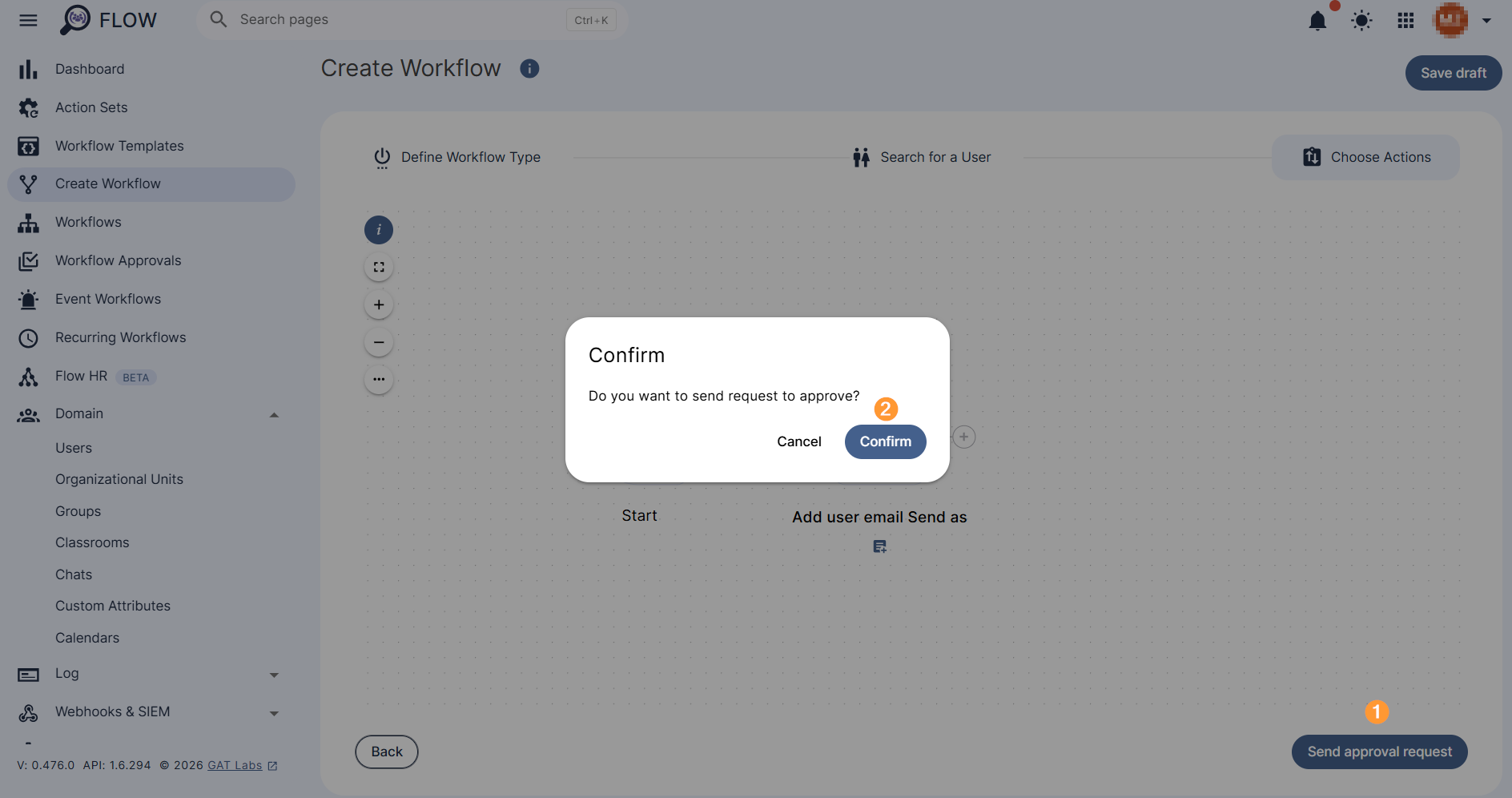 "Send approval request" and "Confirm" button are displayed. 