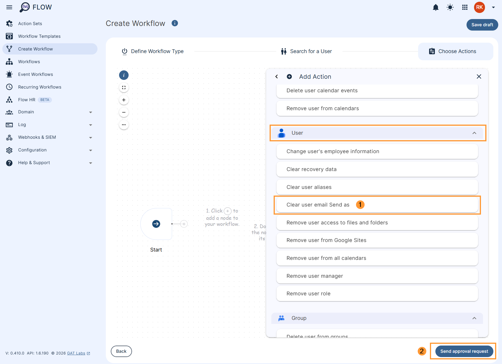 Adding the 'Clear user email Send As' action to a workflow