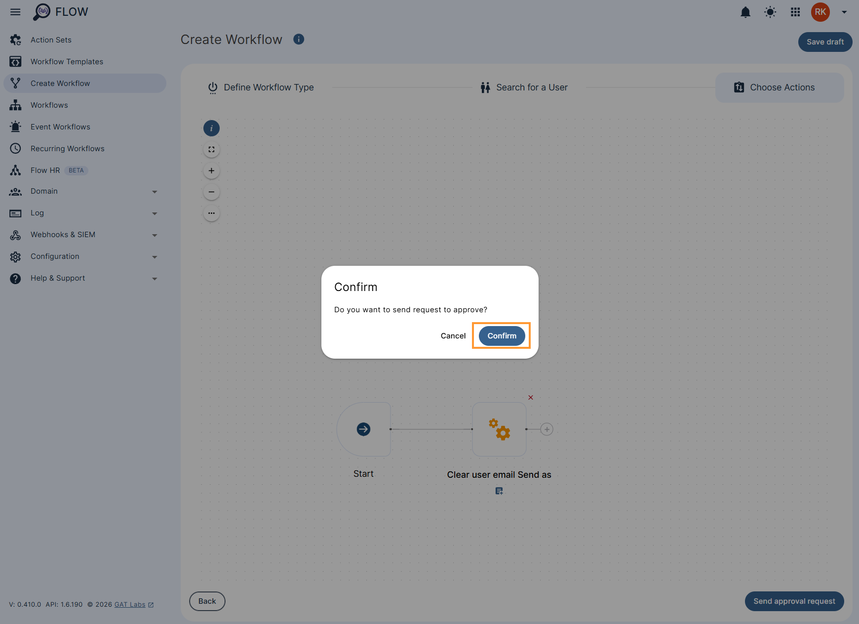 Send request to approve confirmation screen.