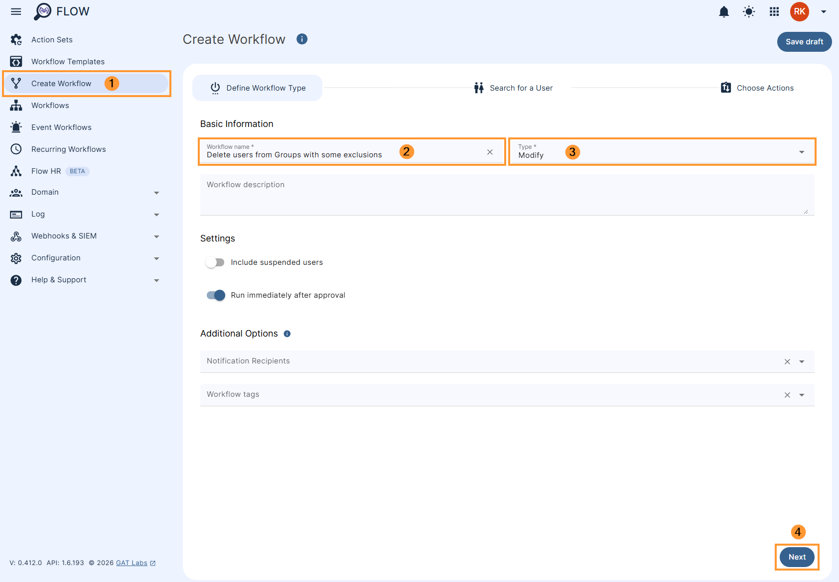 Creating a 'Delete users from Groups with some exclusions' GAT Flow Workflow