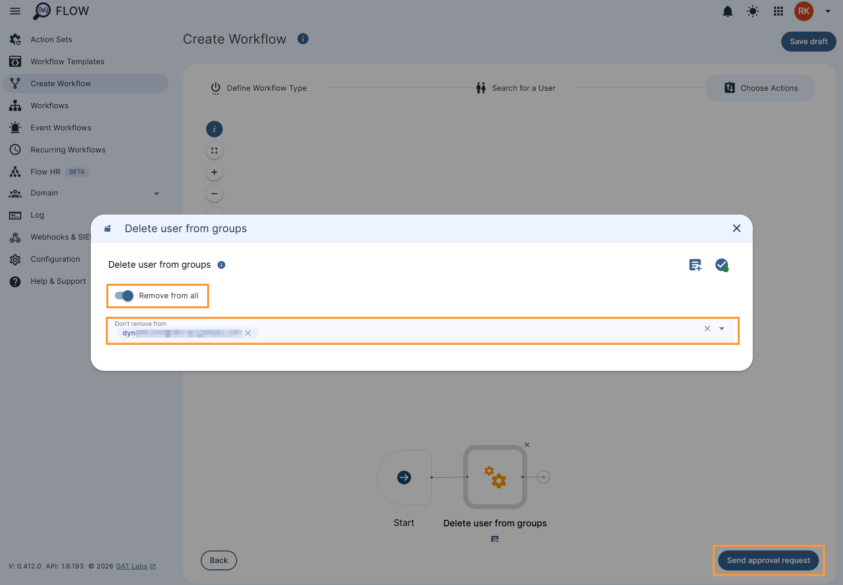 Configuring the 'Delete user from groups' action node settings
