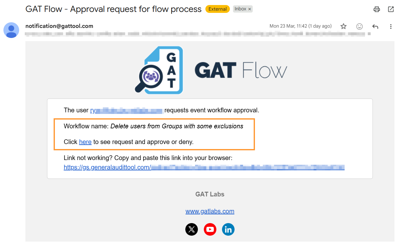GAT Flow Security Officer Approval email