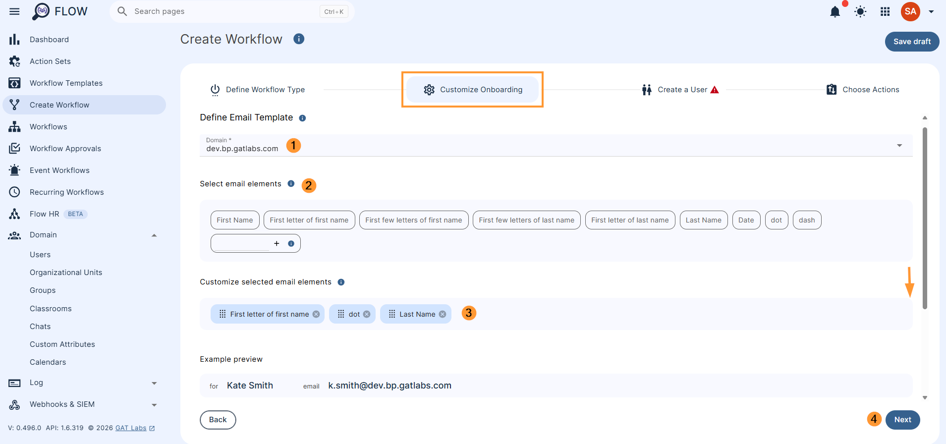 Define email template - The provided template will be used to automatically generate email addresses in the next step Select email elements - Select an email template option to add it to the template below. Customize selected email elements - Drag the selected email elements to change their order. Password settings - You can enable automatic password generation for new users here. Passwords can be sent to the specified email address. Generate user password Send user password